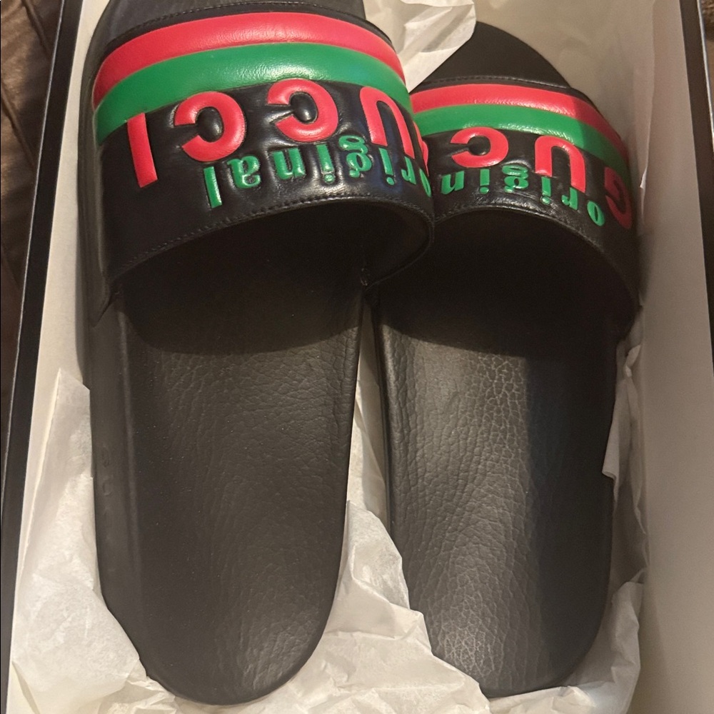 Gucci Black Slides with Red and Green Accents